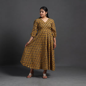 Buy Yellow Tiered Cotton Block Print Sanganeri Dress