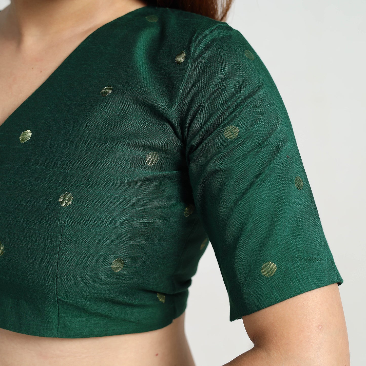 Green - Polka Dot Zari Buti Silk Stitched Plain Blouse 07