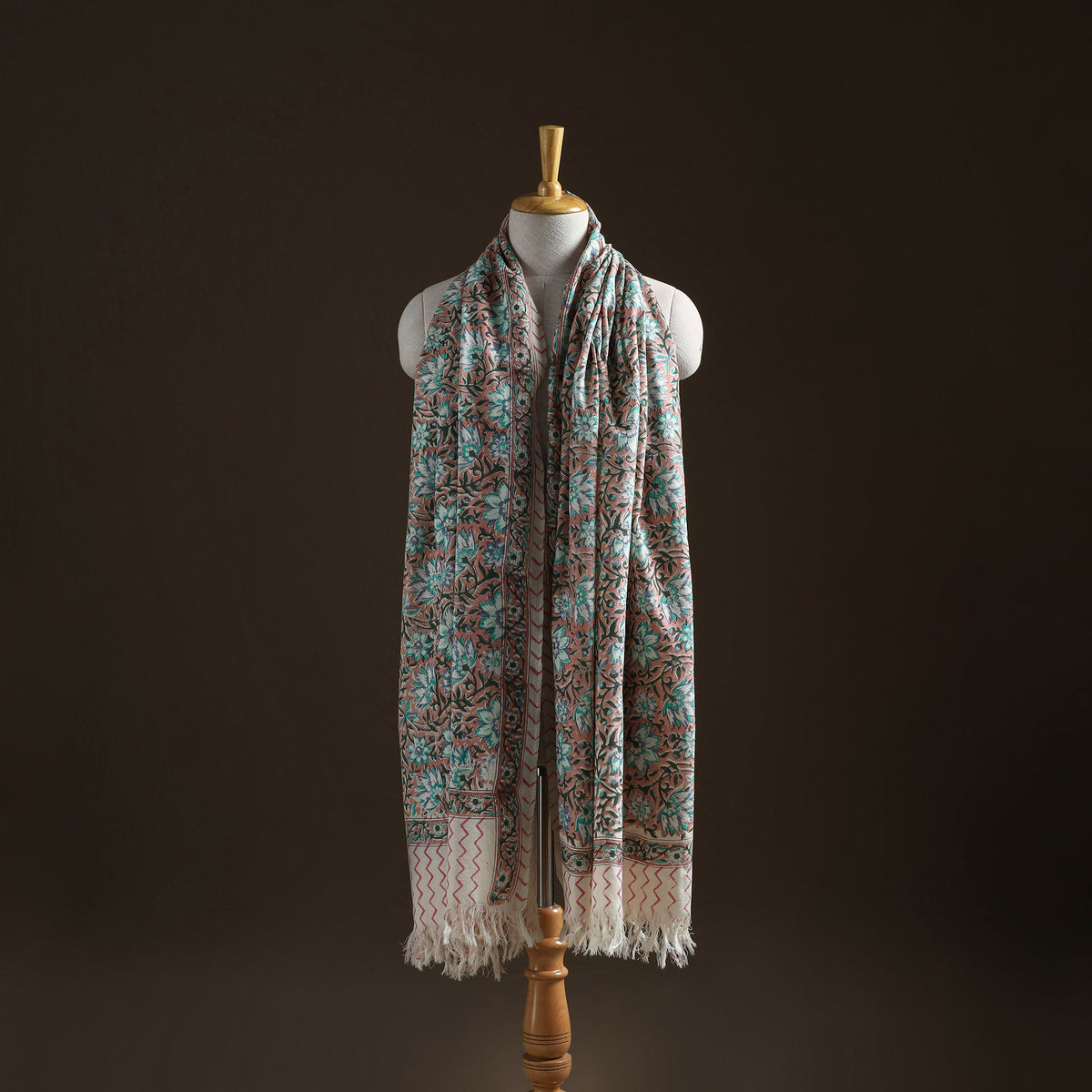 Floral Sanganeri Print Pure Merino Wool Handwoven Shawl 57