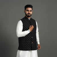 Black - Pochampally Double Ikat Handloom Cotton Men Nehru Jacket 06