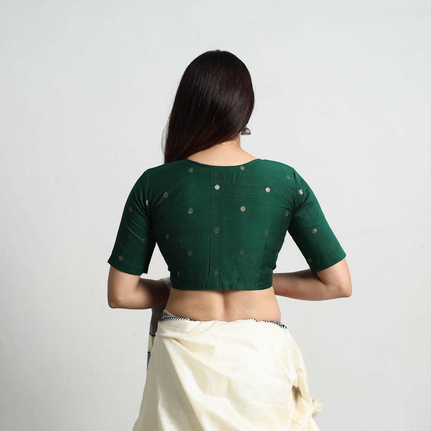 Green - Polka Dot Zari Buti Silk Stitched Plain Blouse 07