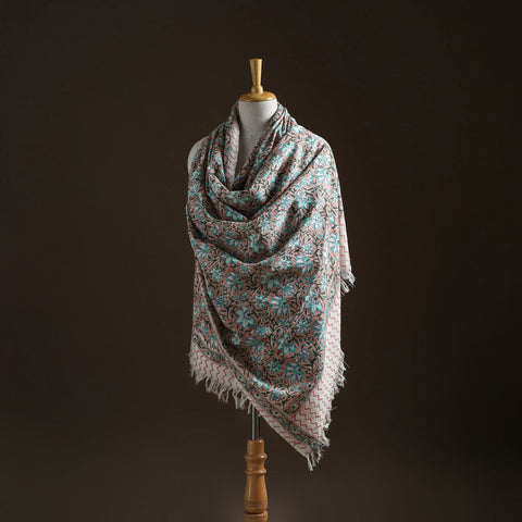 Floral sanganeri print pure merino wool handwoven shawl 57