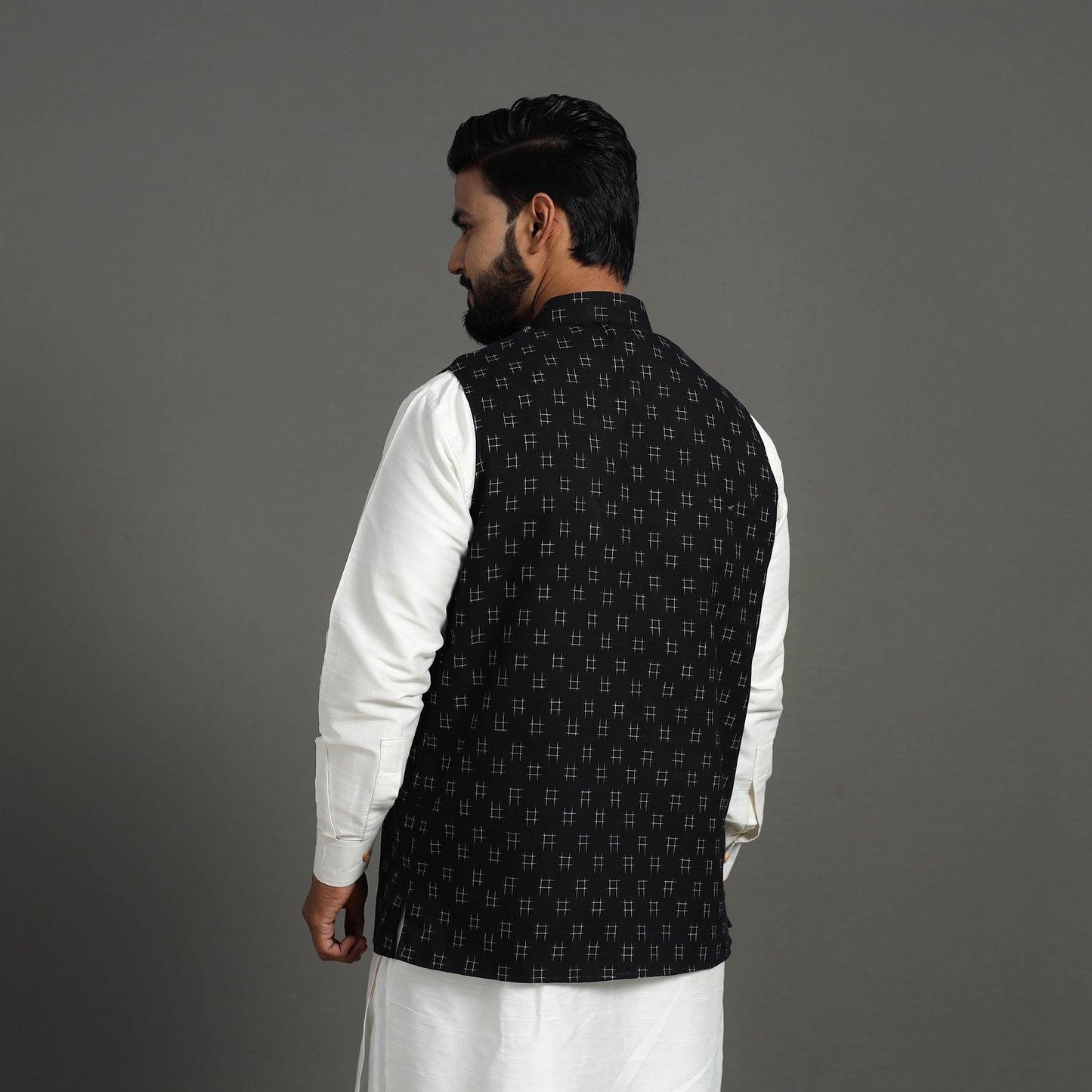 Black - Pochampally Double Ikat Handloom Cotton Men Nehru Jacket 06