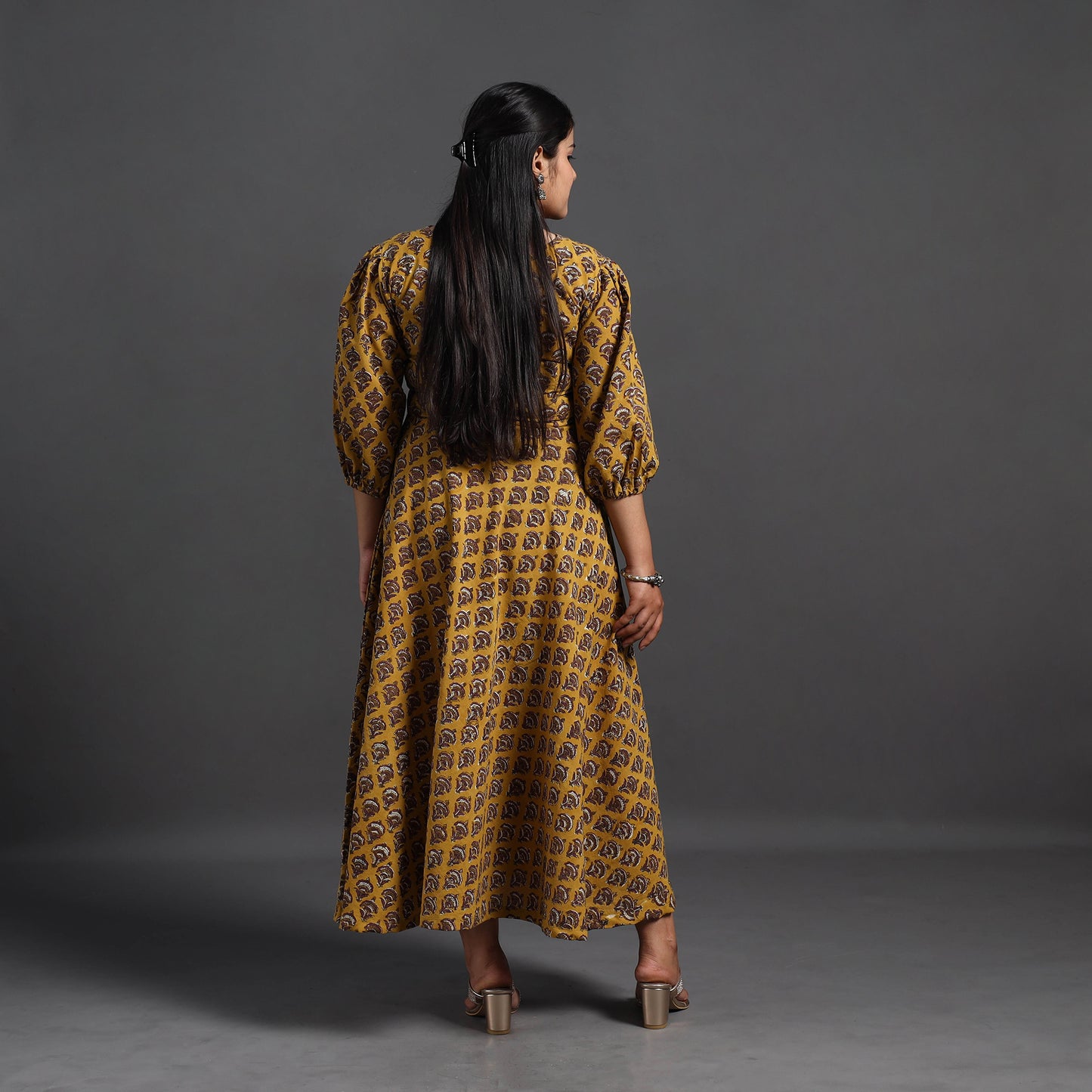 Yellow - Flared Cotton Block Print Sanganeri Dress 13