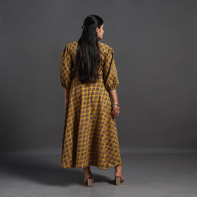 Buy Yellow Tiered Cotton Block Print Sanganeri Dress