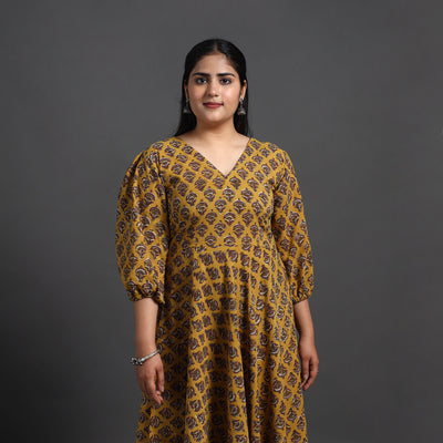 Yellow - Flared Cotton Block Print Sanganeri Dress 13