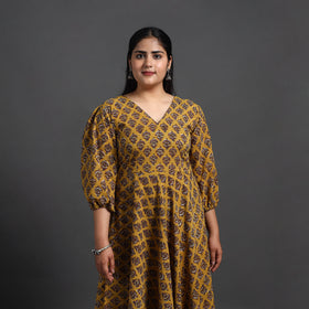 Buy Yellow Tiered Cotton Block Print Sanganeri Dress