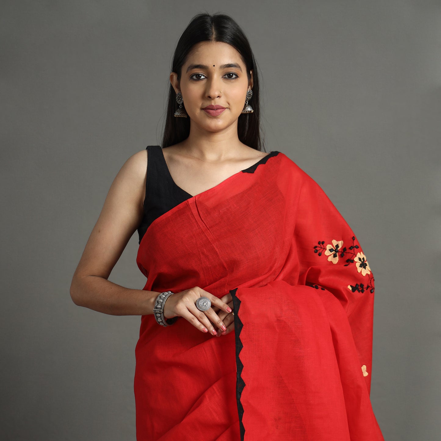 Red - Applique Patti Kaam Pure Cotton Saree from Rampur 07