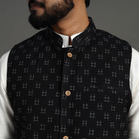 Black - Pochampally Double Ikat Handloom Cotton Men Nehru Jacket 06