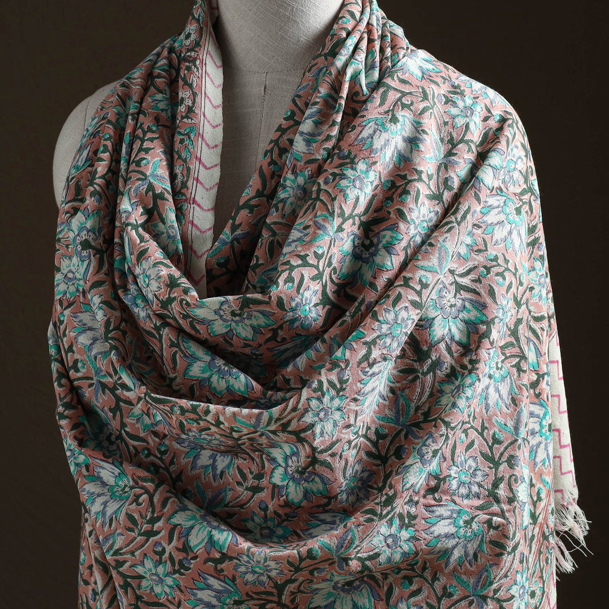 Floral Sanganeri Print Pure Merino Wool Handwoven Shawl 57