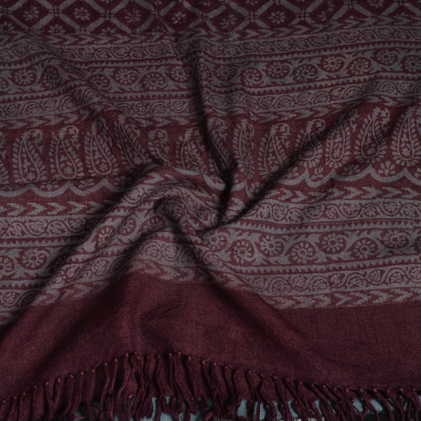 Handwoven Merino Wool Natural Dyed Bagh Hand Block Print Stole 04