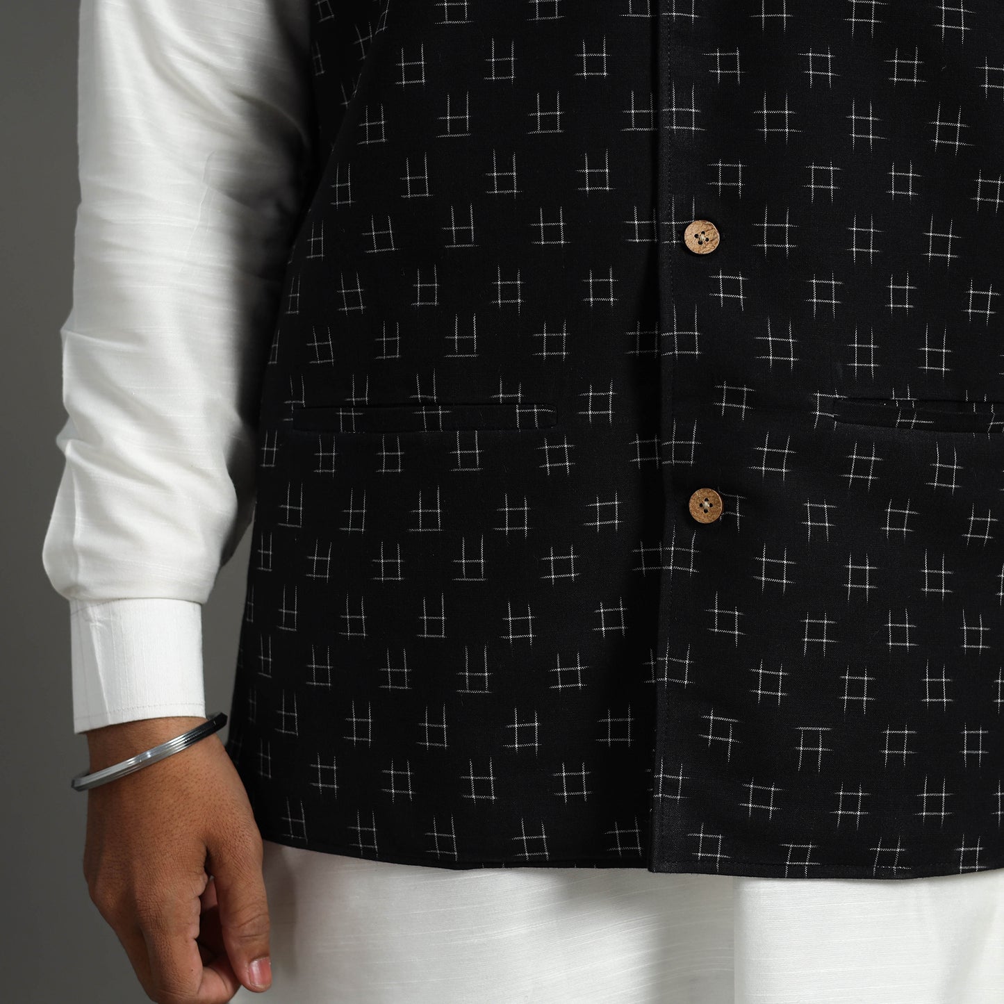 Black - Pochampally Double Ikat Handloom Cotton Men Nehru Jacket 06