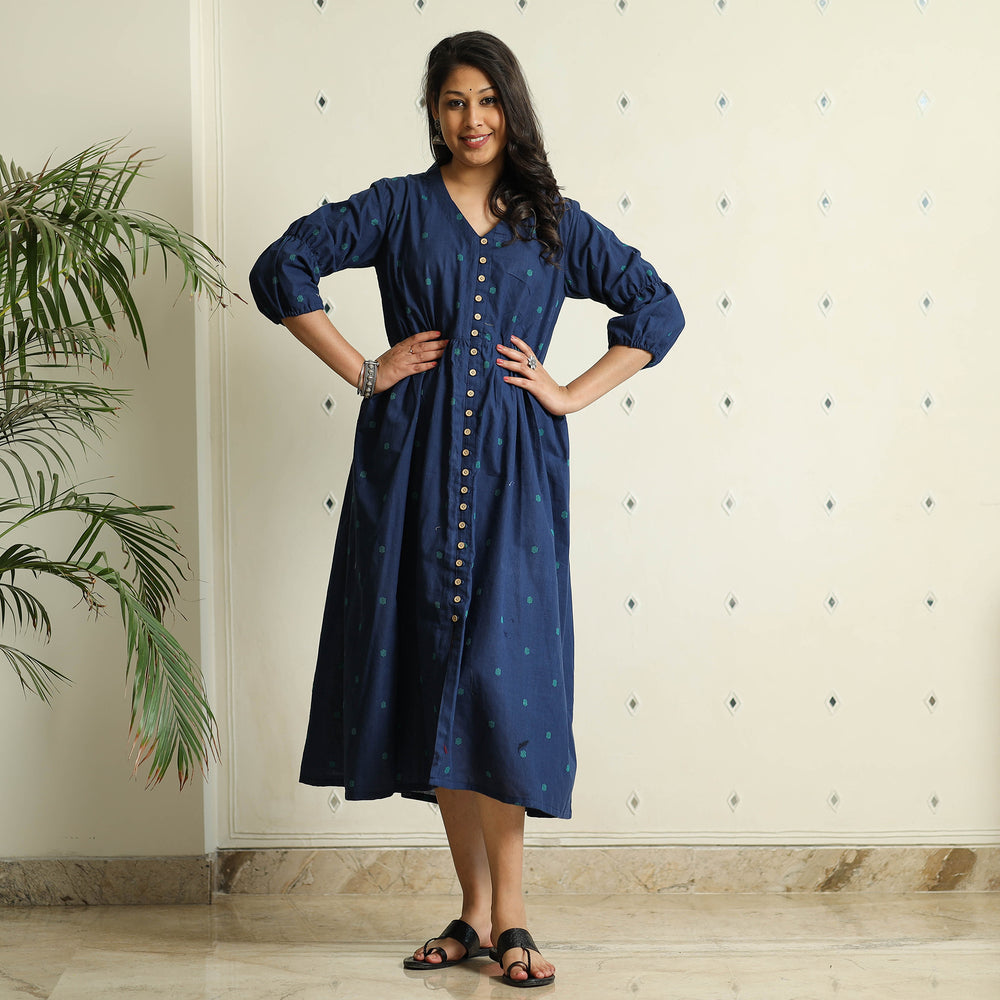 Blue - Jacquard Cotton Flared Gher Dress