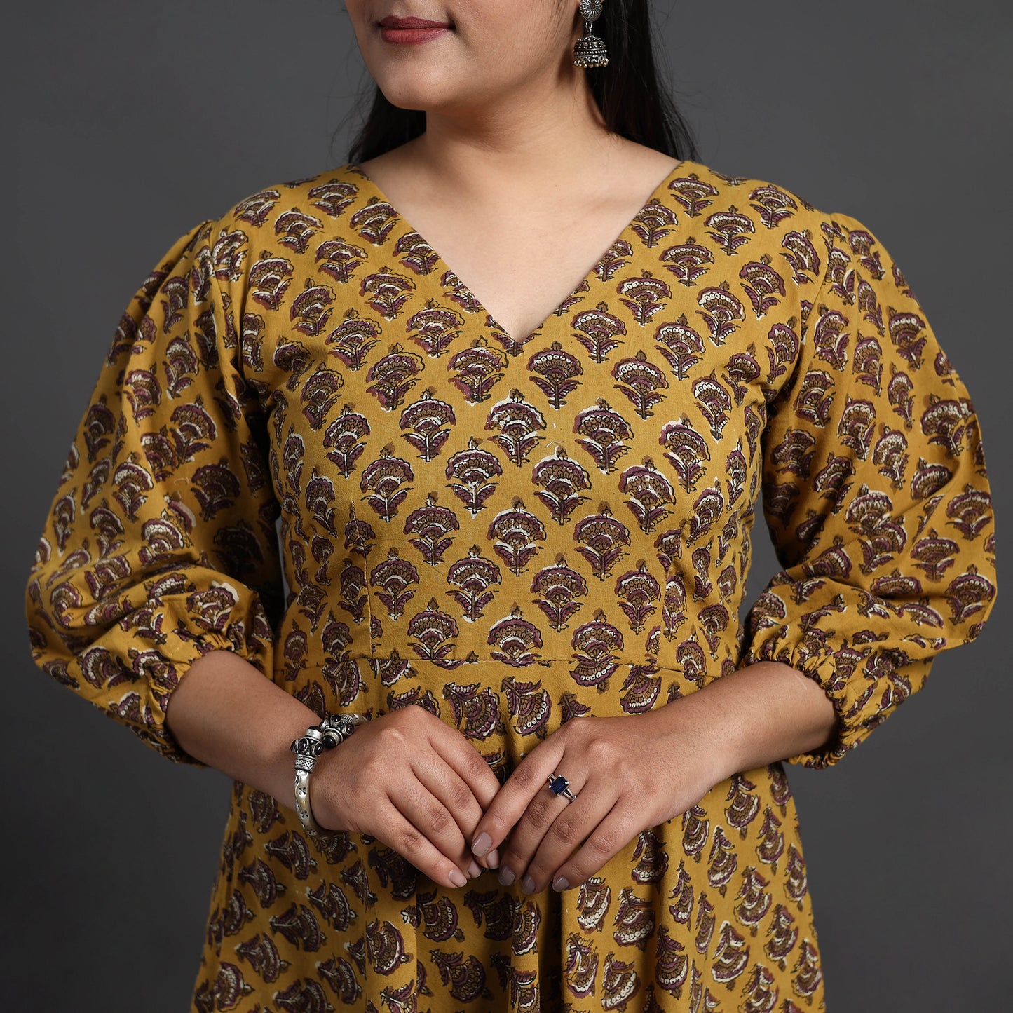 Yellow - Flared Cotton Block Print Sanganeri Dress 13