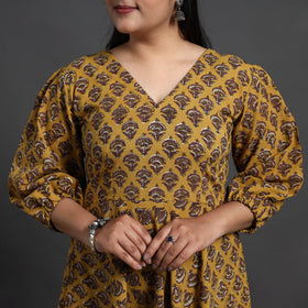 Buy Yellow Tiered Cotton Block Print Sanganeri Dress