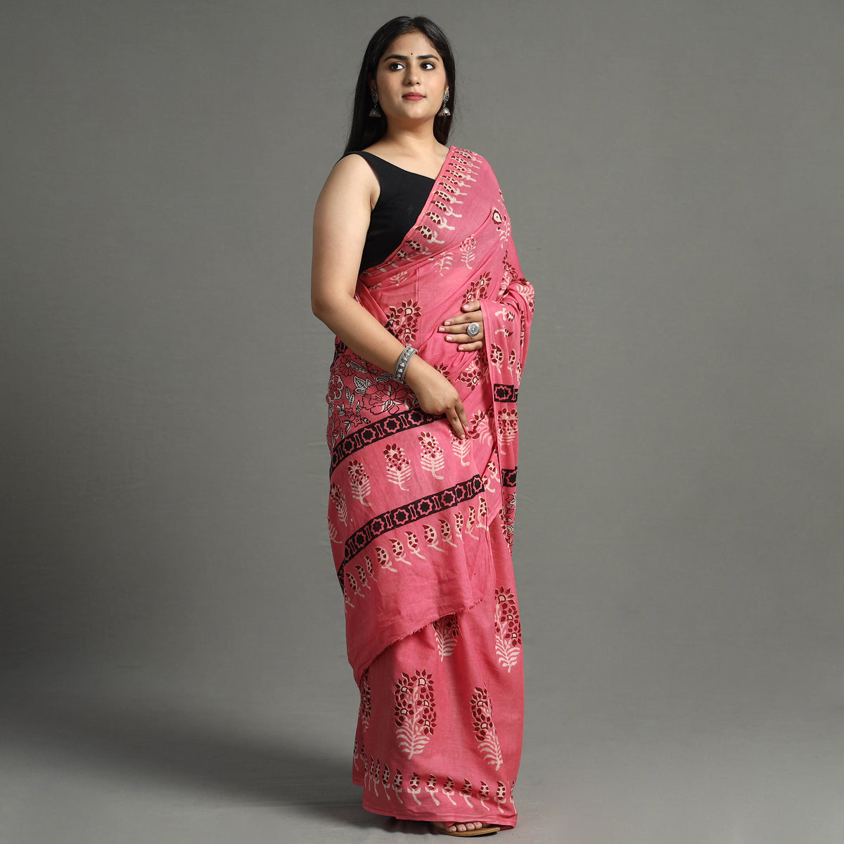 Pink - Nandana Dabu Block Printed Mul Cotton Saree 21