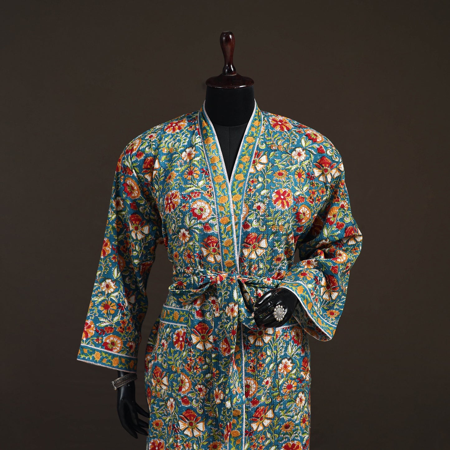 Sanganeri Hand Block Print Waffle Weave Cotton Bath Robe 35