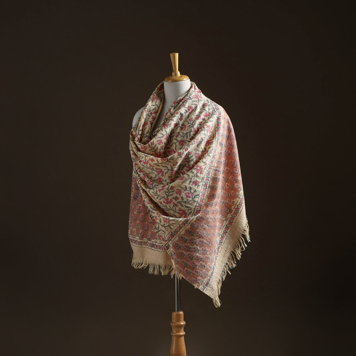 Floral Sanganeri Print Pure Merino Wool Handwoven Shawl 58