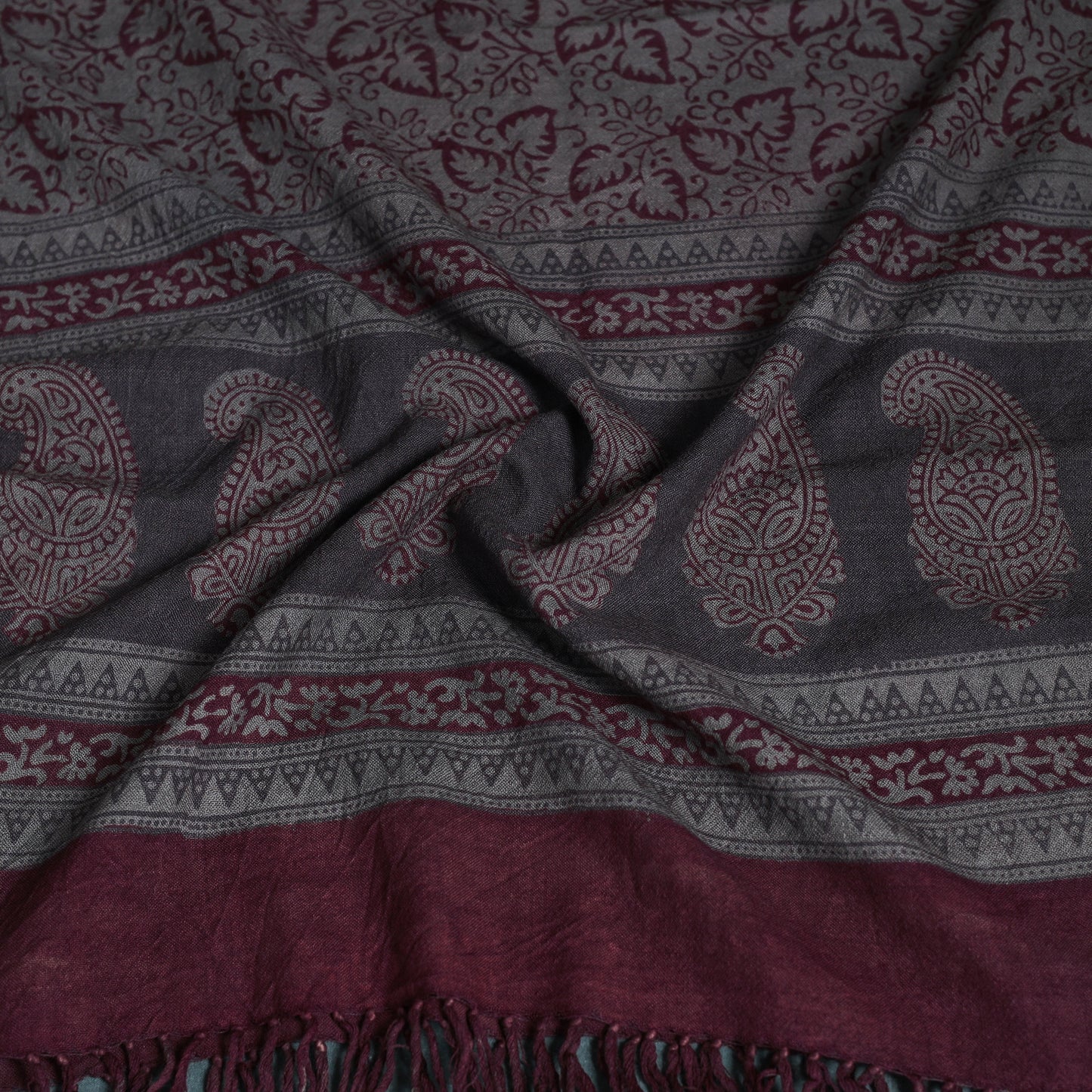 Handwoven Merino Wool Natural Dyed Bagh Hand Block Print Stole 07