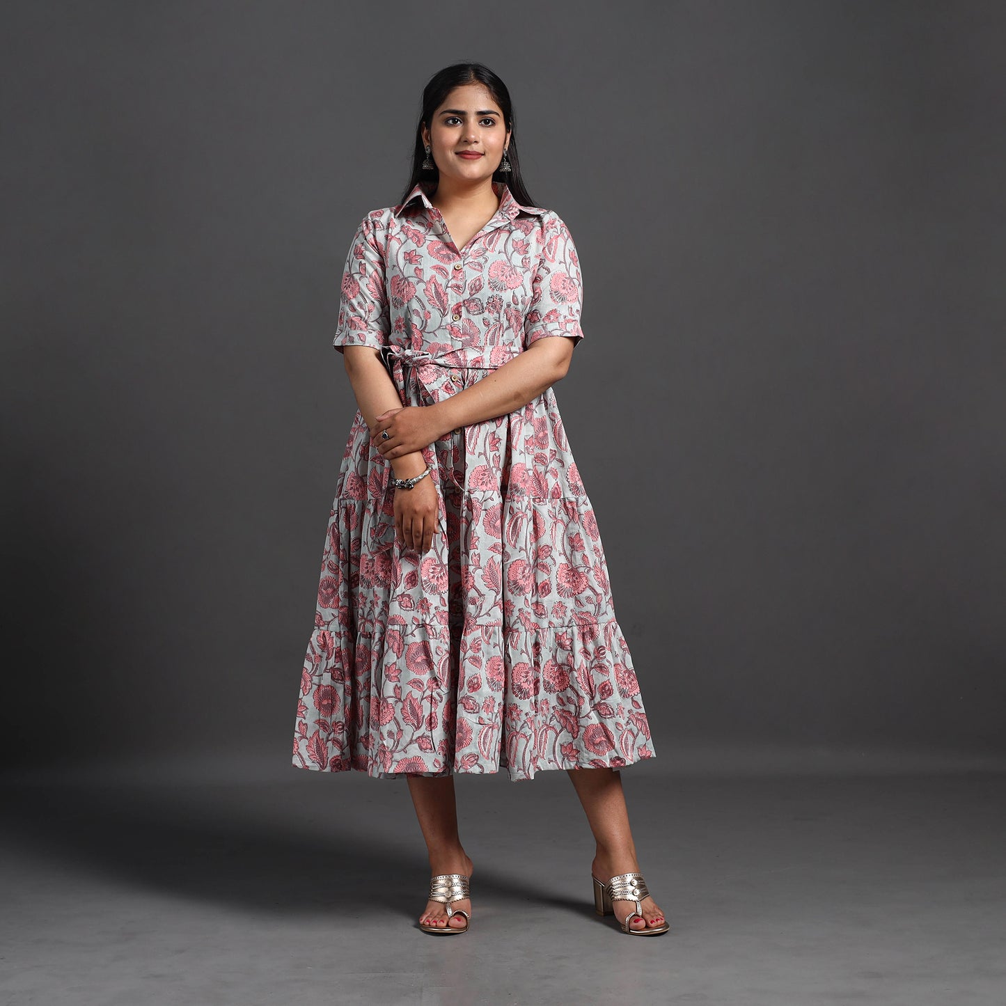 Pink - Tiered Cotton Block Print Sanganeri Dress 07