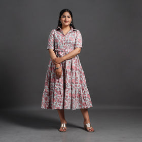 Buy Pink Tiered Cotton Block Print Sanganeri Dress