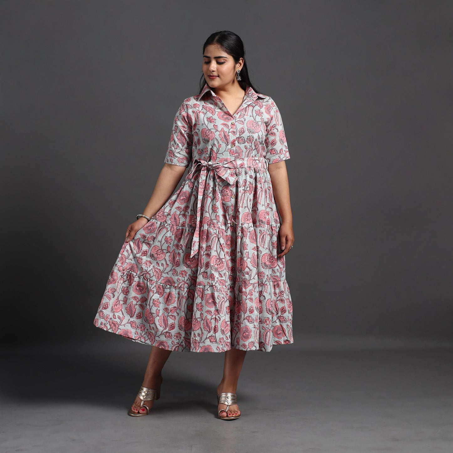 Pink - Tiered Cotton Block Print Sanganeri Dress 07