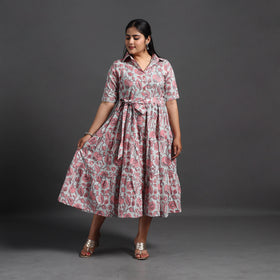 Buy Pink Tiered Cotton Block Print Sanganeri Dress