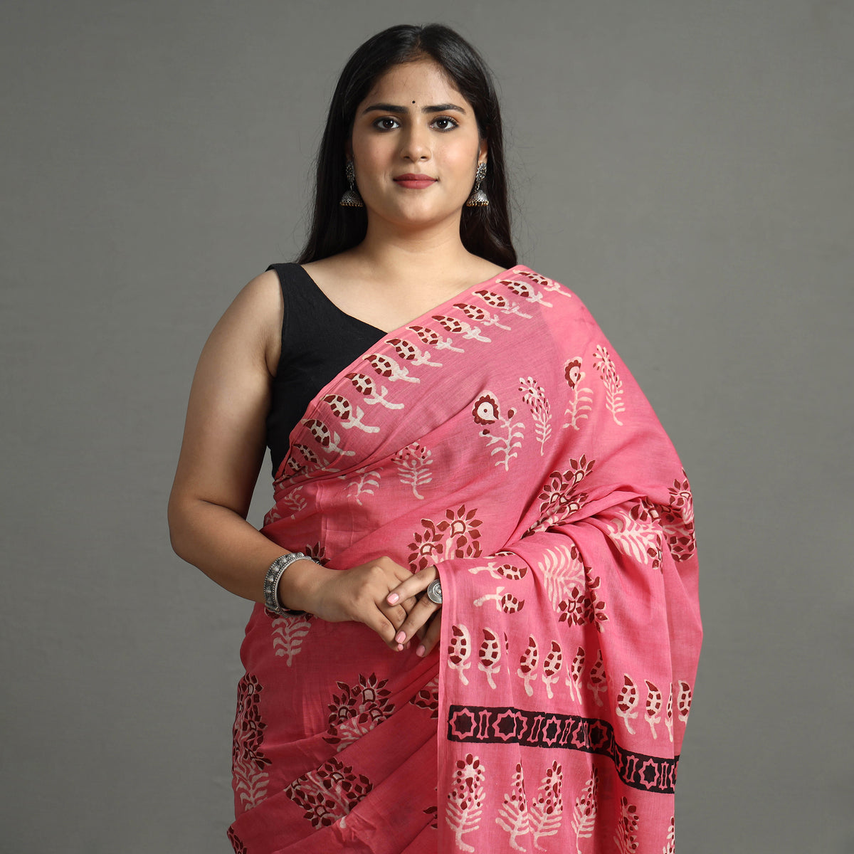 Pink - Nandana Dabu Block Printed Mul Cotton Saree 21