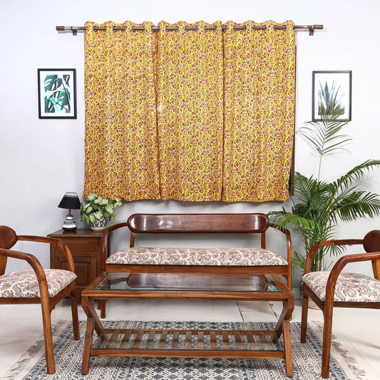 Yellow - Sanganeri Block Printed Cotton Window Curtain (5 x 3 Feet) (Single Piece)
