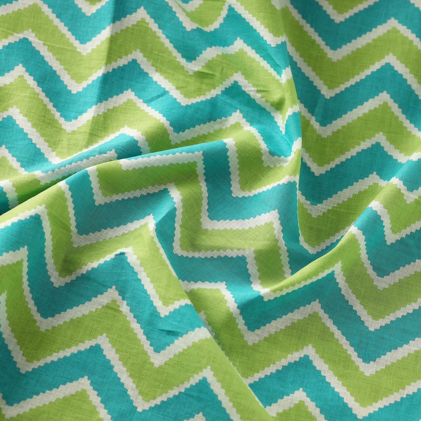 Multicolor - Green & Blue Chevron Pattern Cotton Sanganeri Print Fabric