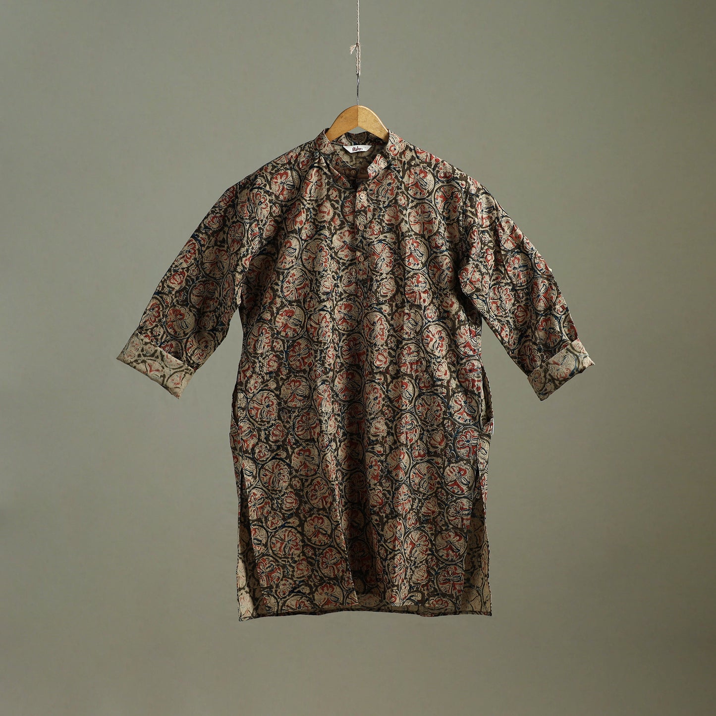 Hand Block Print Natural Dyed Cotton Long Kalamkari Kurta for Men 17