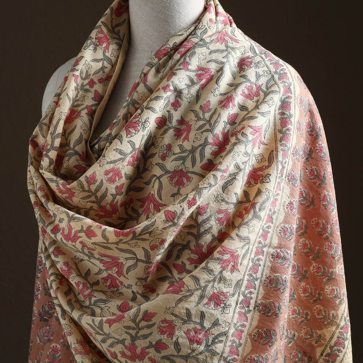 Floral Sanganeri Print Pure Merino Wool Handwoven Shawl 58