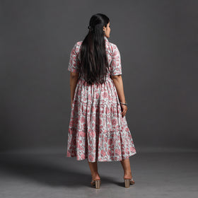Buy Pink Tiered Cotton Block Print Sanganeri Dress