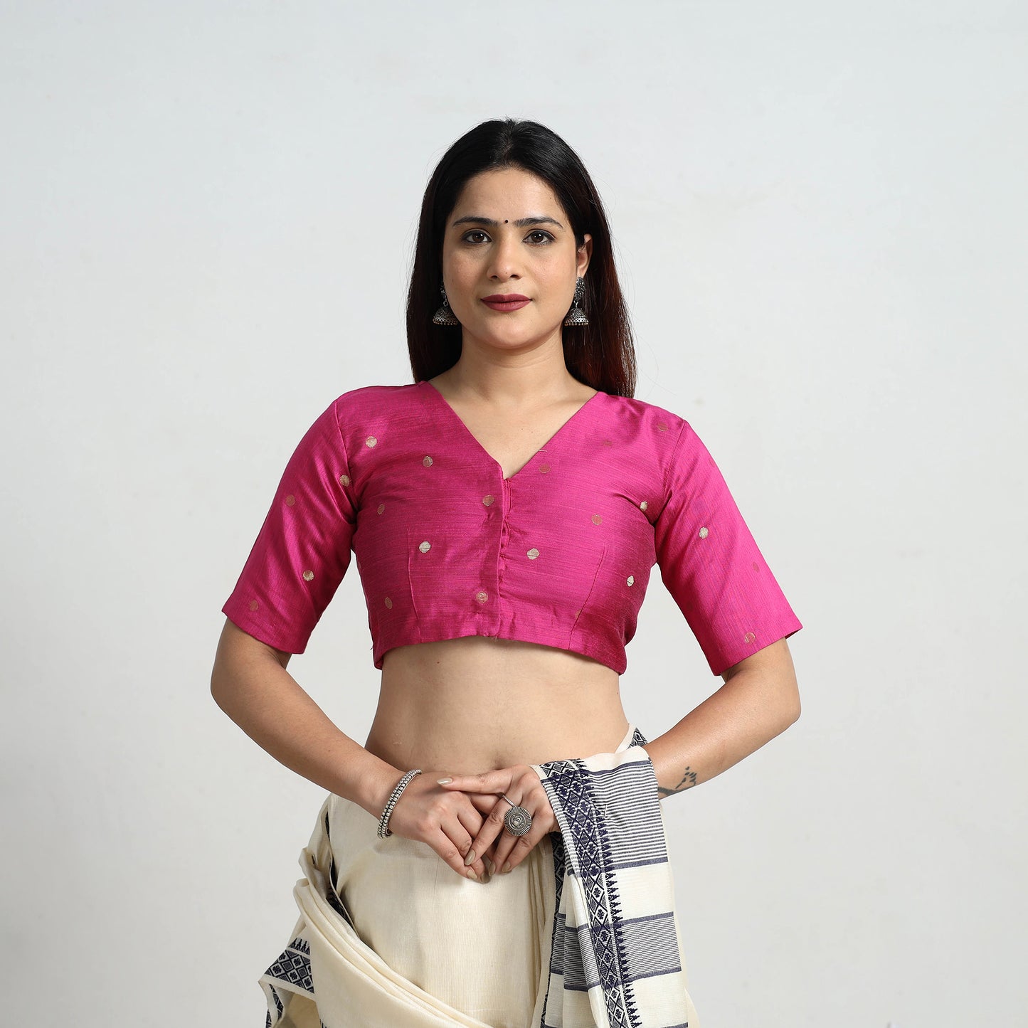 Pink - Polka Dot Zari Buti Silk Stitched Plain Blouse 10