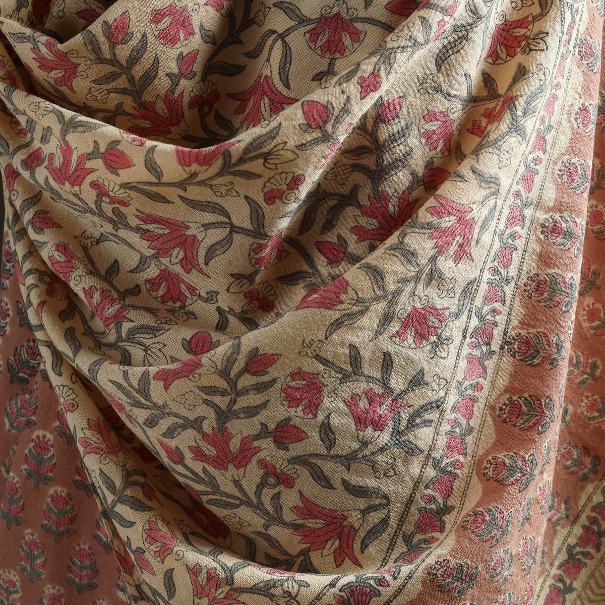 Floral Sanganeri Print Pure Merino Wool Handwoven Shawl 58