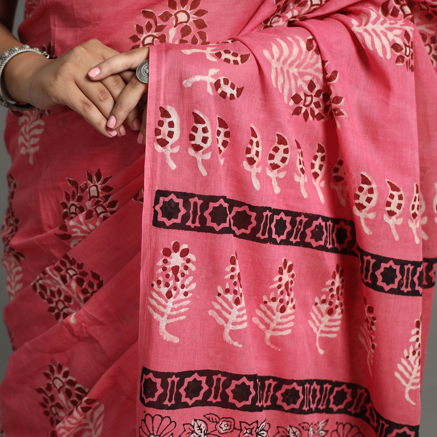 Pink - Nandana Dabu Block Printed Mul Cotton Saree 21