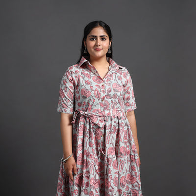 Pink - Tiered Cotton Block Print Sanganeri Dress 07