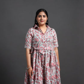 Buy Pink Tiered Cotton Block Print Sanganeri Dress