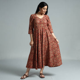 Red - Kalamkari Block Printed Cotton Flared Gher Dress