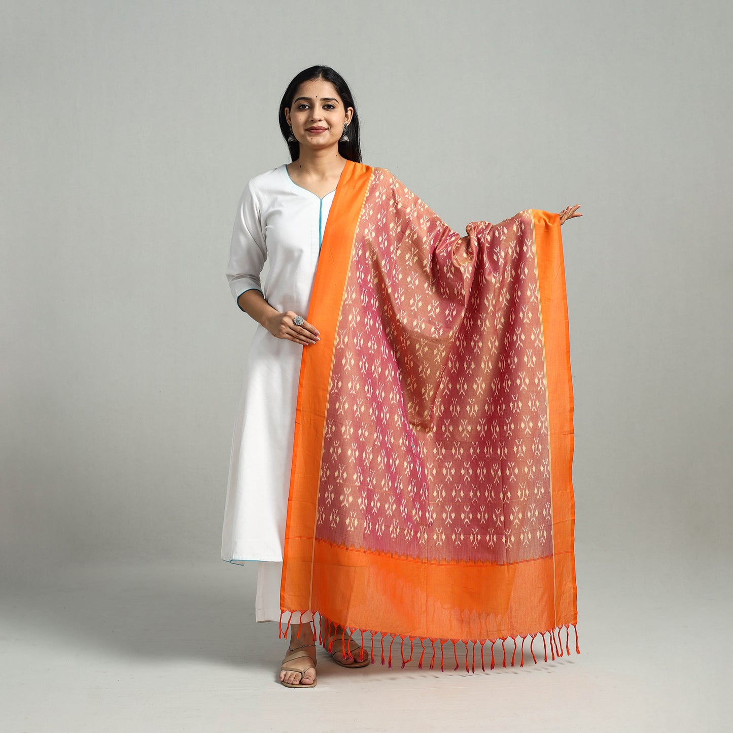 Orange - Handloom Mercerized Cotton Pochampally Ikat Dupatta 02