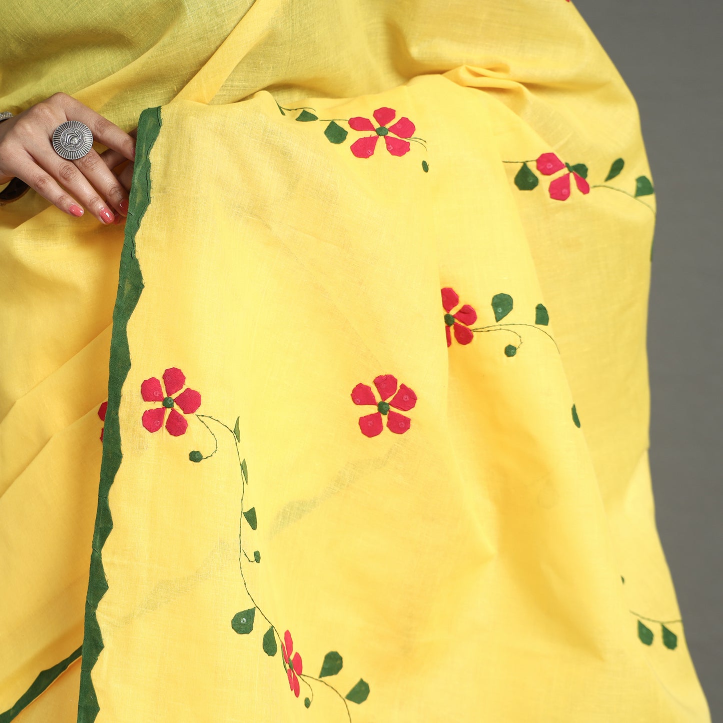 Yellow - Applique Patti Kaam Pure Cotton Saree from Rampur 06