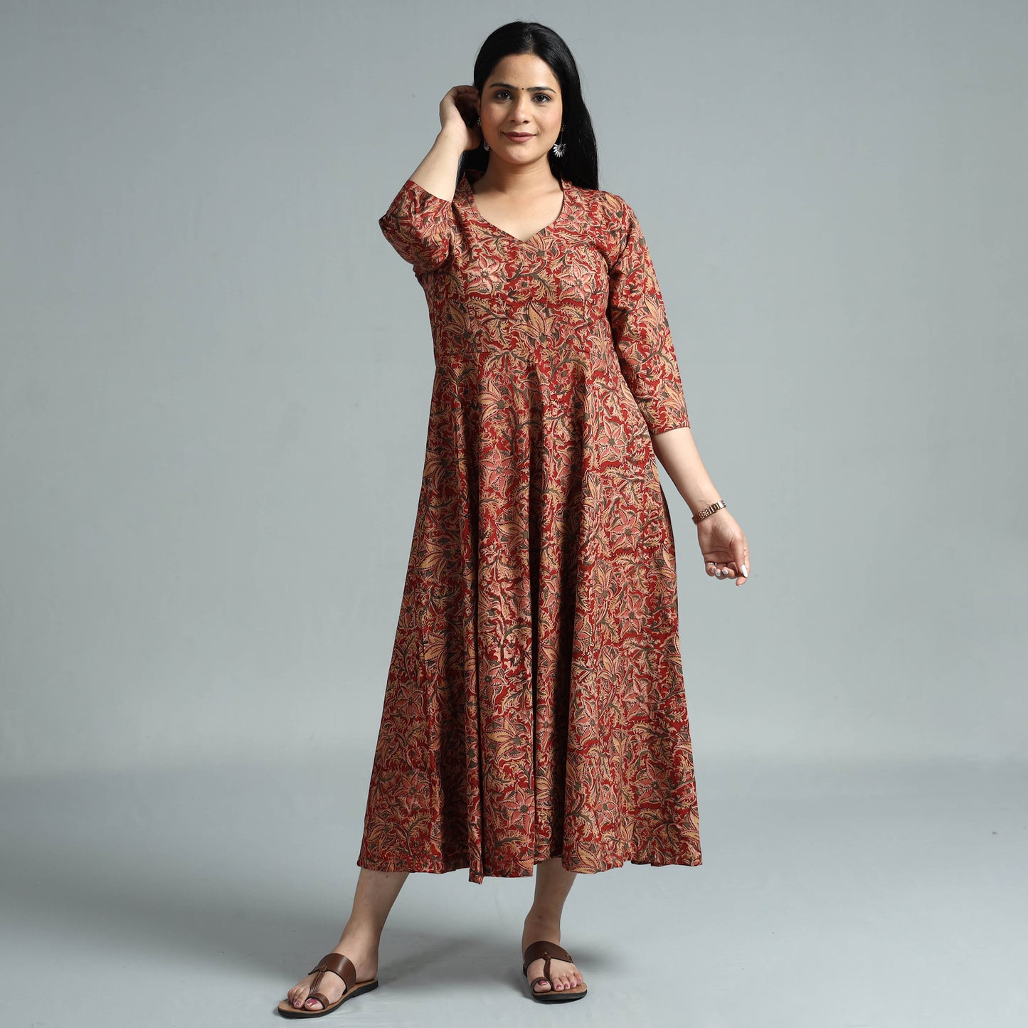 Red - Kalamkari Block Printed Cotton Flared Gher Dress