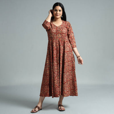 Red - Kalamkari Block Printed Cotton Flared Gher Dress