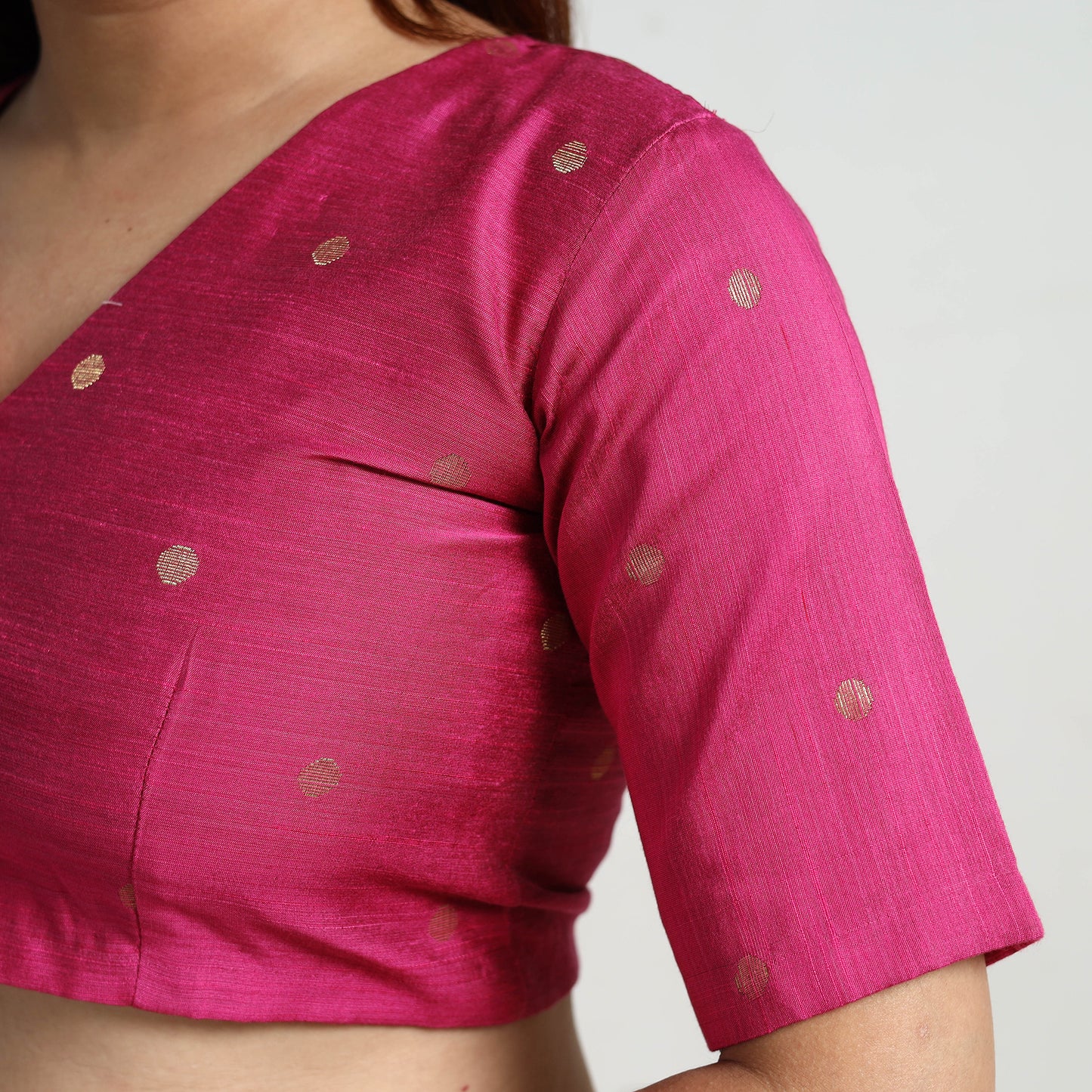 Pink - Polka Dot Zari Buti Silk Stitched Plain Blouse 10