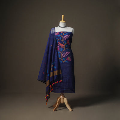 Blue - jamdani pure handloom muslin unstitched dress