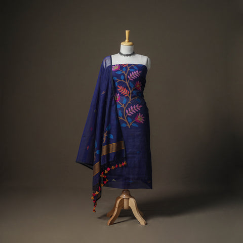 Blue - Jamdani Pure Handloom Muslin Unstitched Dress Material: Kurta with Dupatta 06