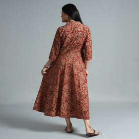 Red - Kalamkari Block Printed Cotton Flared Gher Dress