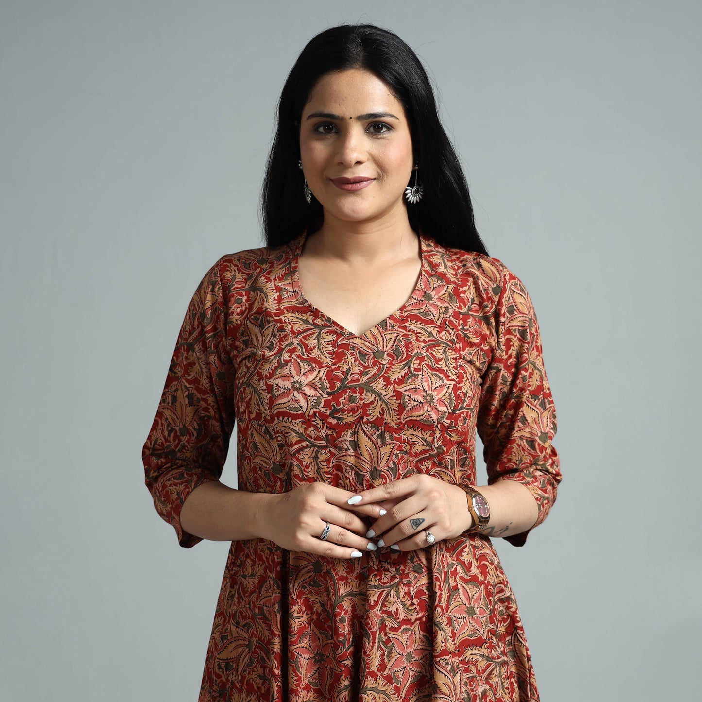 Red - Kalamkari Block Printed Cotton Flared Gher Dress