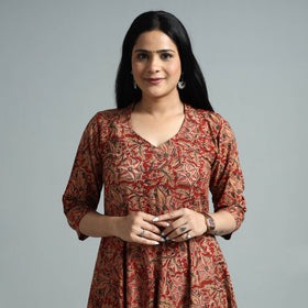Red - Kalamkari Block Printed Cotton Flared Gher Dress