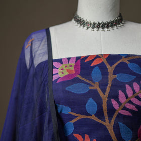 Blue - jamdani pure handloom muslin unstitched dress
